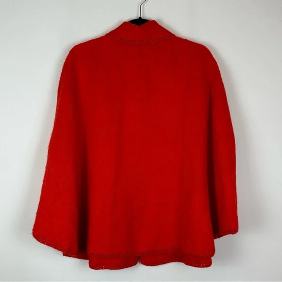 Handmade 100% Alpaca Peru Orange Embroidered Collared Poncho One Size - Picture 7 of 7